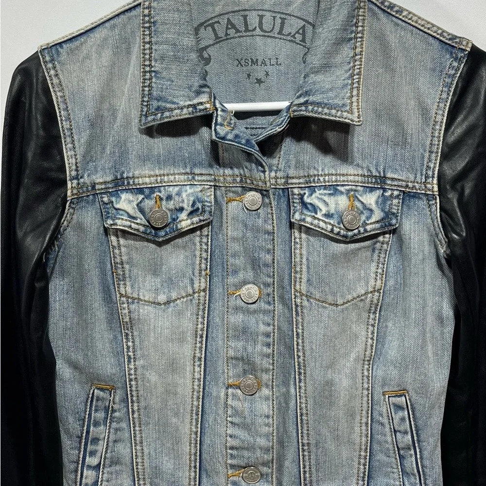 Aritzia‎ Talula Harem distressed denim jacket with faux leather sleeves Size XS
